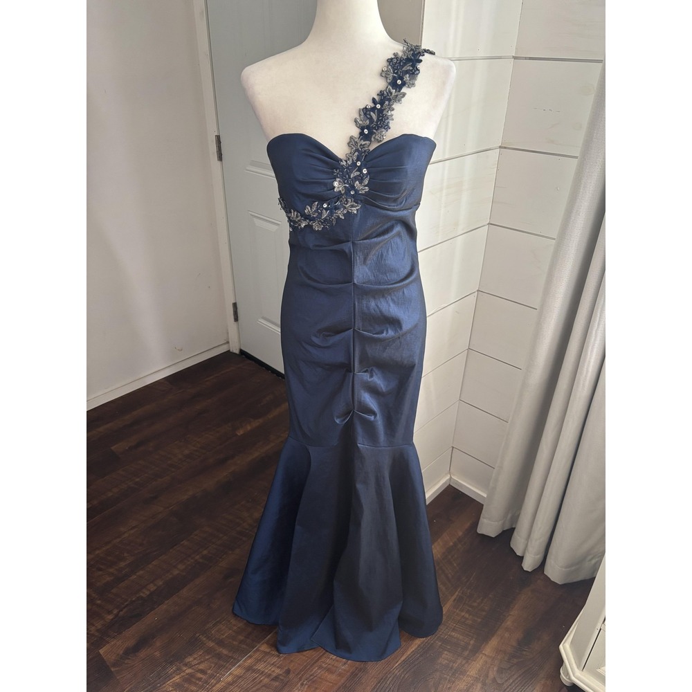XSCAPE by Joanna Chen Dress Womens 12 Navy One Shoulder Mermaid Gown Beaded Prom